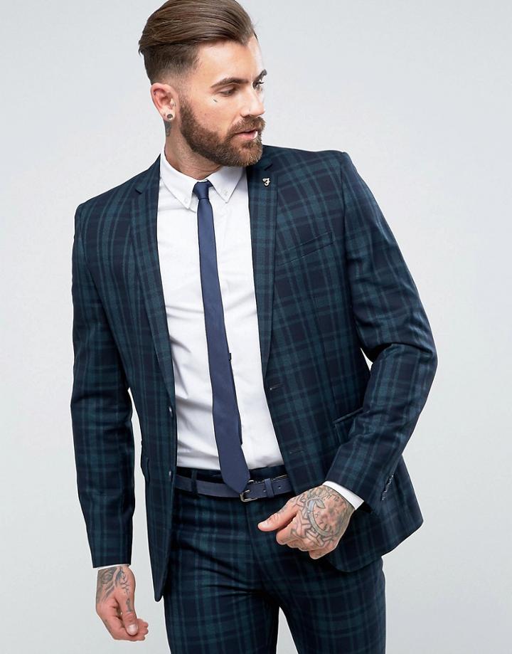 Farah Skinny Suit Jacket In Check - Green
