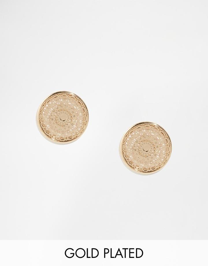 Nylon Gold Plated Filigree Disk Stud Earrings - Gold Plated