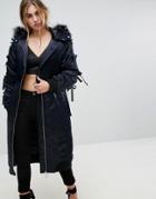 Lost Ink Oversized Parka Jacket In Satin With Faux Fur Hood And Ribbon Ties - Navy