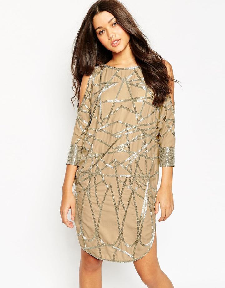 Asos Cold Shoulder Bugle Bead Midi Shift Dress - Cream