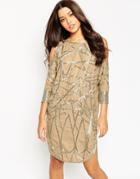 Asos Cold Shoulder Bugle Bead Midi Shift Dress - Cream
