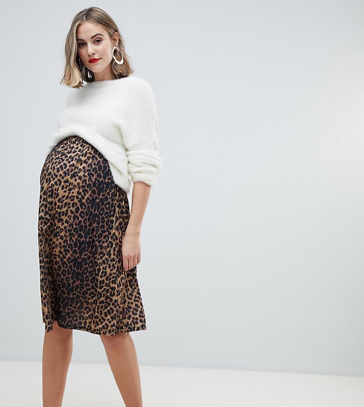 Asos Design Maternity Midi Skater Skirt In Leopard Print - Multi