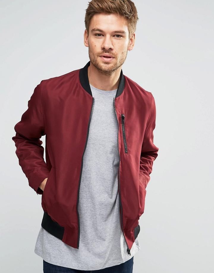 Asos Bomber Jacket With Zip Chest Pocket In Burgundy - Burgundy