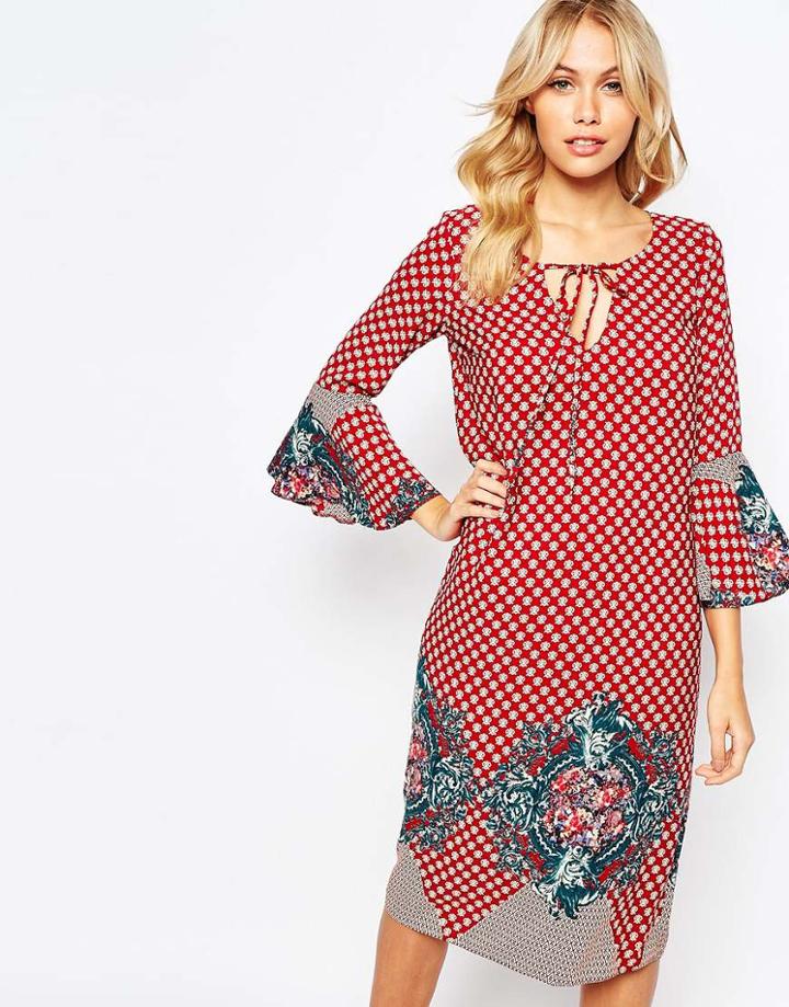 Love Midi Dress With Bell Sleeves In Placement Print - Red Print