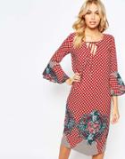 Love Midi Dress With Bell Sleeves In Placement Print - Red Print