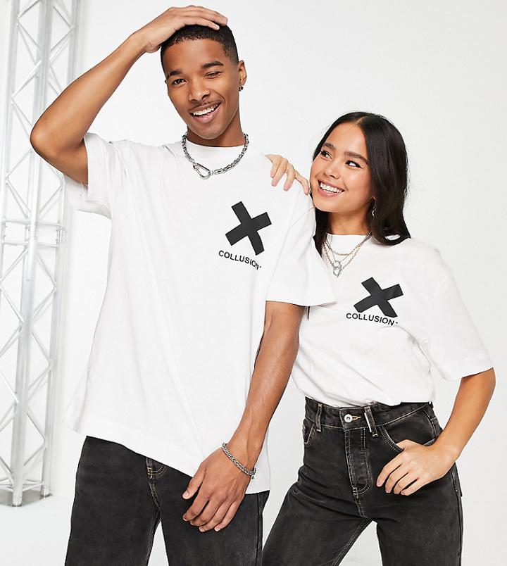 Collusion Unisex Logo Cotton T-shirt In White - White