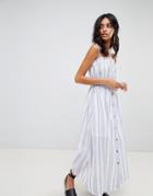 Moon River Button Front Stripe Midaxi Dress - Blue