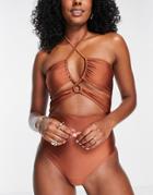 Topshop Cut Out Halter Neck Bandeau Swimsuit In Chocolate-brown