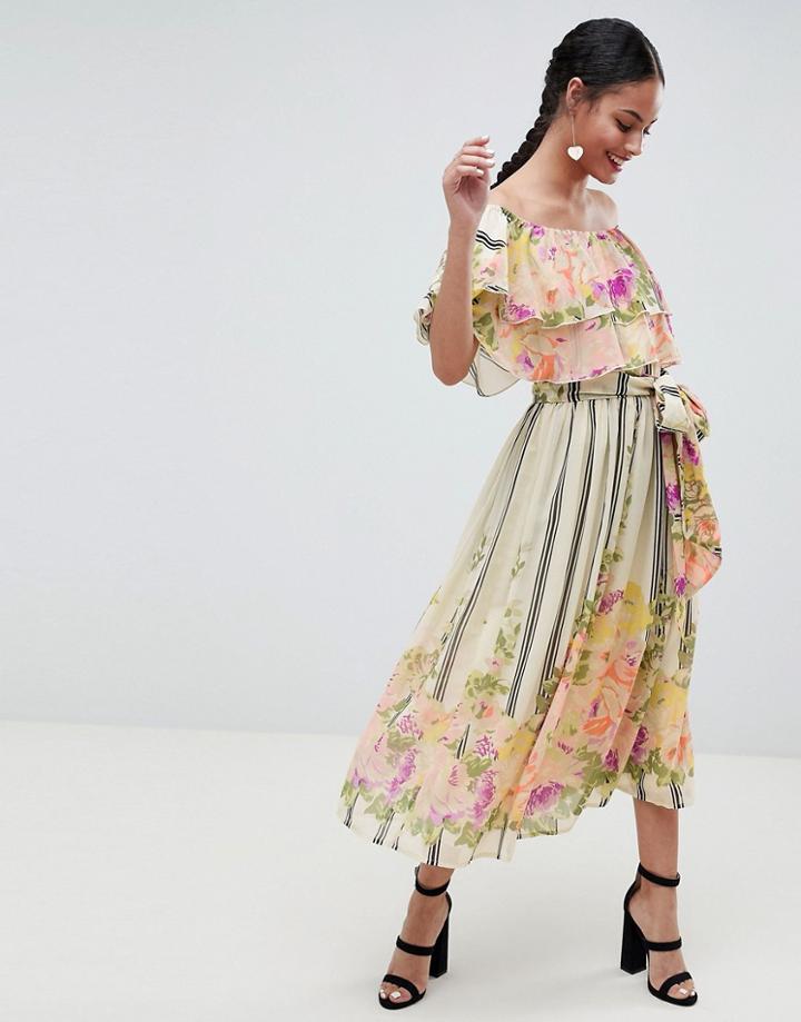 Asos Design Ruffle Top Bandeau Midi Dress In Floral Stripe Print - Multi