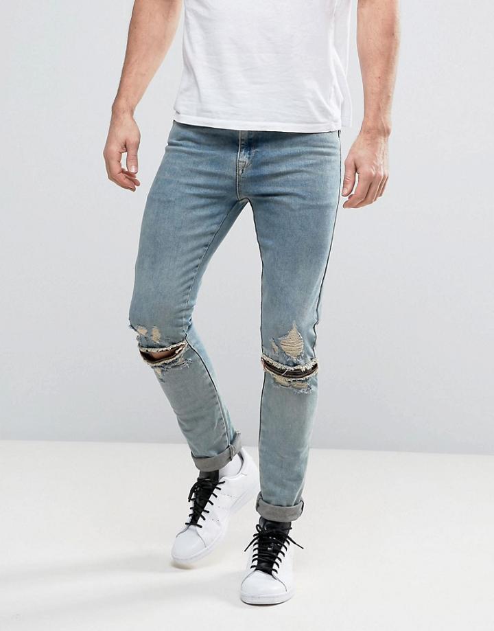 Asos Super Skinny Jeans With Knee Zip Rips In Dusty Bleach - Blue