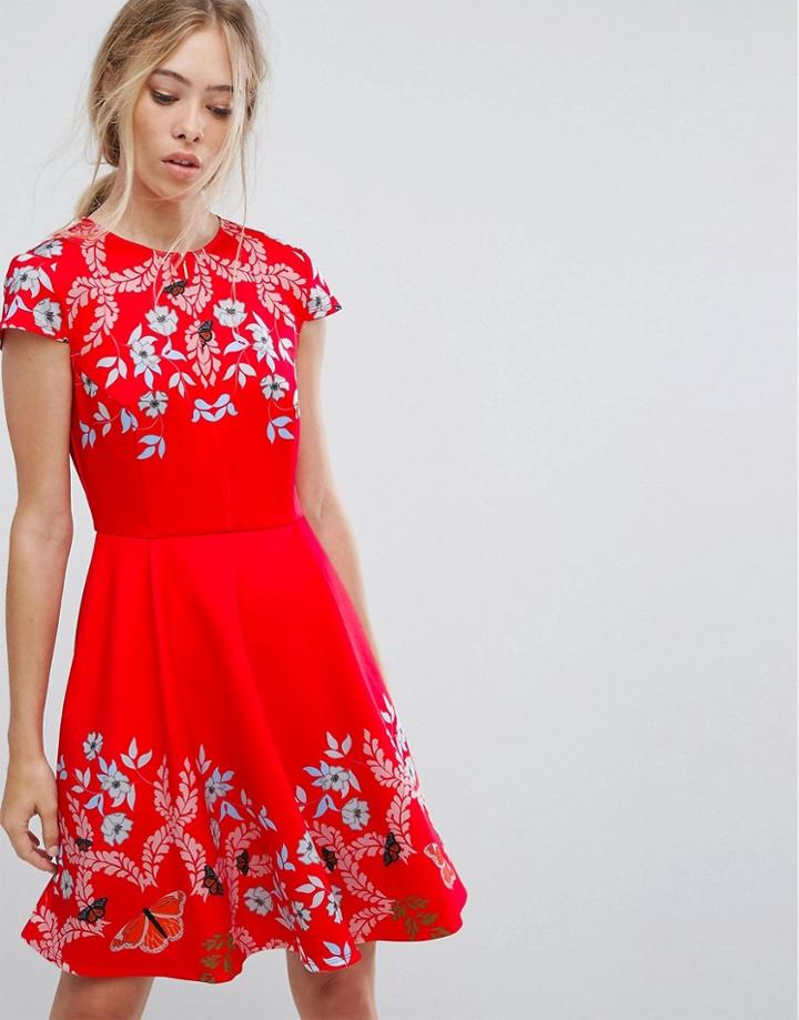 Ted Baker Tuck Sleeve Skater Dress - Red