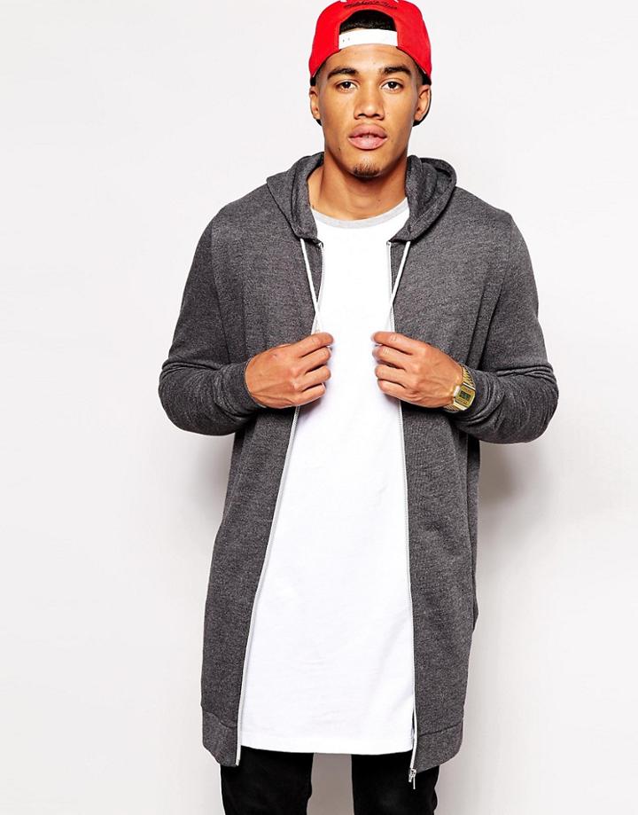 Asos Super Longline Zip Up Hoodie - Gray