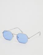 Asos Design Metal Angled Sunglasses In Silver With Blue Lenses