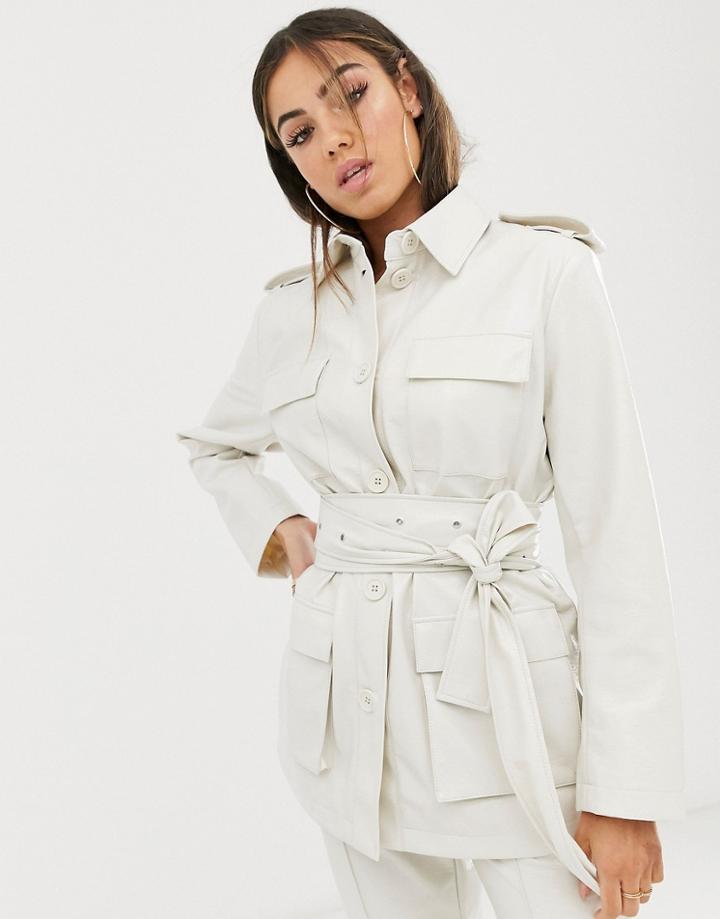 Asos Design Vinyl Belted Suit Blazer - White