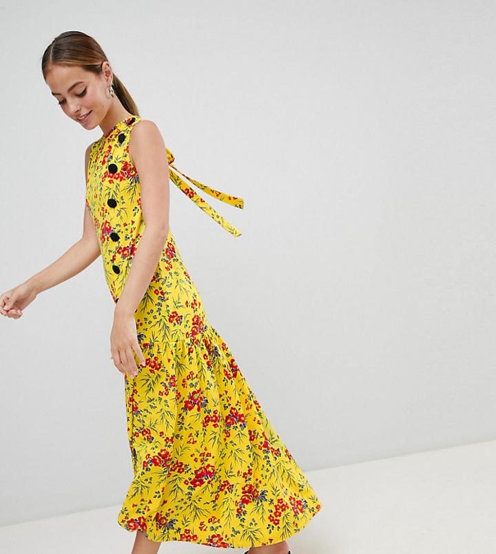 Asos Design Petite Maxi Tea Dress With Dropped Hem And Contrast Buttons In Floral Print-multi