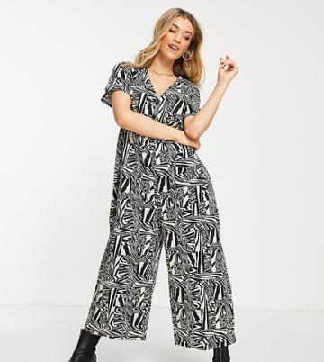 Asos Design Short Sleeve Button Front Smock Jumpsuit In Abstract Print-multi