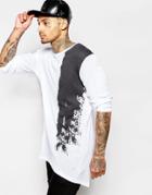 Asos Rib Jersey Longline Long Sleeve T-shirt With Abstract Print - White