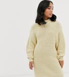 Asos Design Petite Knitted Rib Mini Dress With Chunky Crew Neck - Cream
