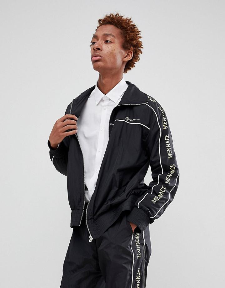 Mennace Track Jacket In Black Shell Suit With Signature Side Stripe