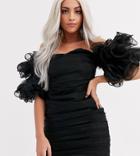 Club L London Petite Extreme Ruffle Sleeve Ruched Mini Bardot Dress In Black