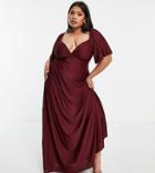 Asos Design Curve Pleated Twist Back Cap Sleeve Maxi Dress In Oxblood-red