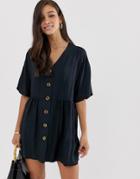 Asos Design V Neck Button Through Mini Smock Dress - Black