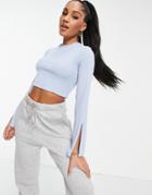 Flounce Split Sleeve Ribbed Crop Top In Blue - Part Of A Set-blues