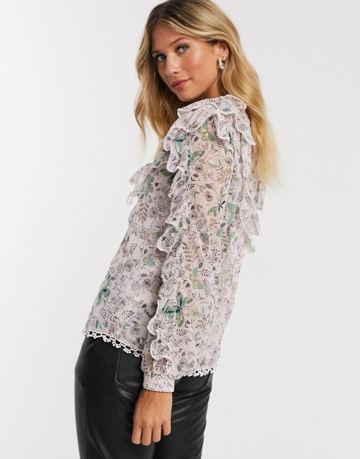 River Island Long Sleeve Printed Frill Blouse In Pink