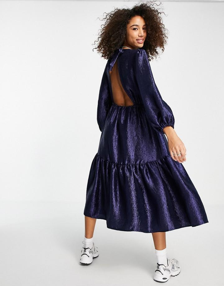 Topshop Premium Textured Jacquard Midi Dress In Navy-blues