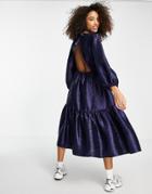 Topshop Premium Textured Jacquard Midi Dress In Navy-blues