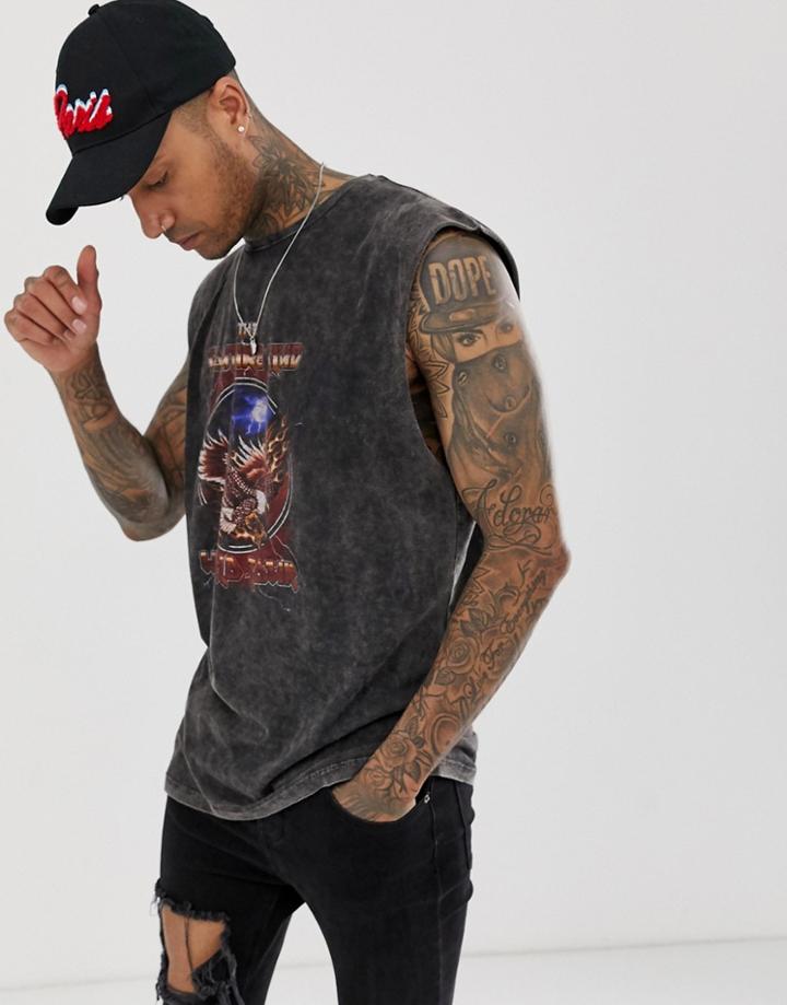 The Couture Club Cut Off Tank With Tour Print In Acid Wash-black