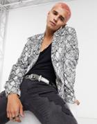 Asos Design Velvet Skinny Blazer With Snake Print-black