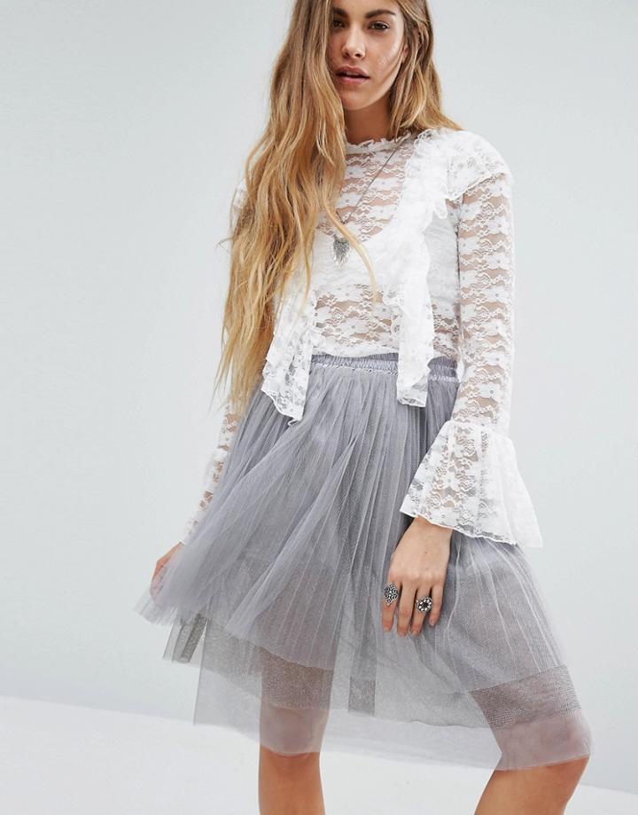 Navy London High Neck Lace Top With Ruffle Panels - White