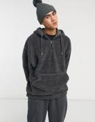 Asos Design Oversized Hoodie In Washed Black Teddy Fleece With Half Zip Funnel Neck-grey