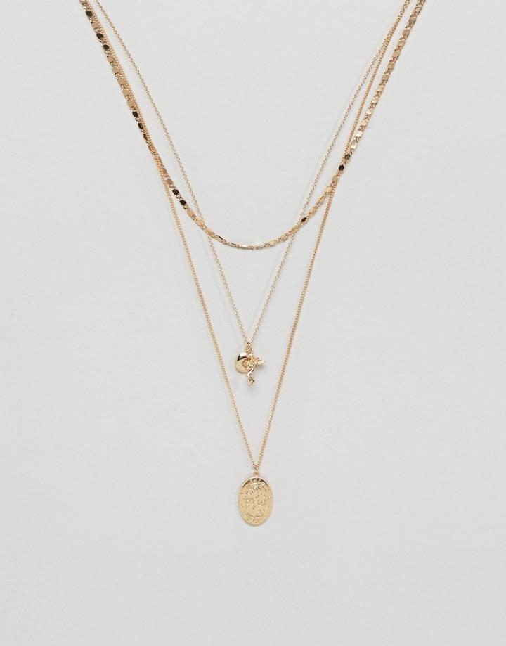 Asos Design Multirow Necklace With Mixed Chains And Vintage Style Charms In Gold - Gold