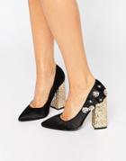 Daisy Street Flower Glitter Point Heeled Shoes - Black Microfibre