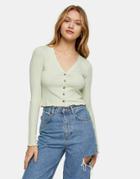 Topshop Button Ribbed Cardigan In Green