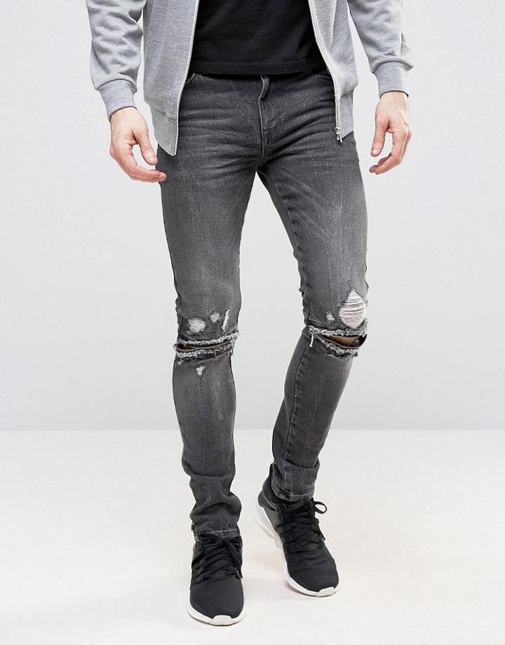 Asos Super Skinny Jeans With Knee Zip Rips In Washed Black - Black