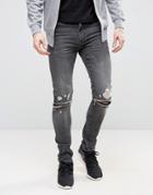 Asos Super Skinny Jeans With Knee Zip Rips In Washed Black - Black