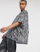 Asos Design Oversized Linen Look T-shirt With 3/4 Sleeves In Zebra Print-multi
