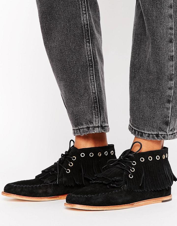 H By Hudson Eylet Fringe Flat Boot - Black