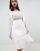 Asos Design Lace Top Scuba Dress With Fringe Cape - White