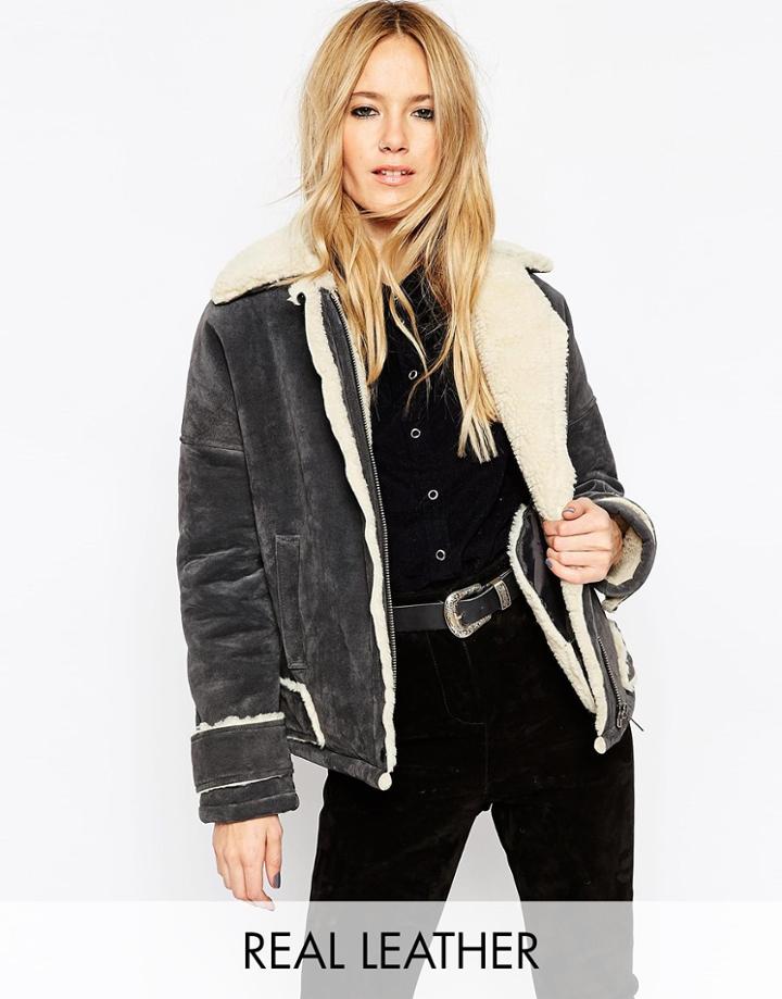 Asos Aviator Jacket In Suede - Gray