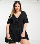 Asos Design Curve Mini Smock Dress With Double Tie Detail In Black