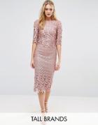 Little Mistress Tall Allover Premium Lace Midi Crochet Pencil Dress - Pink