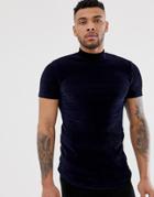 Asos Design Muscle Longline T-shirt With Stretch And Turtleneck In Ribbed Velour In Navy - Navy