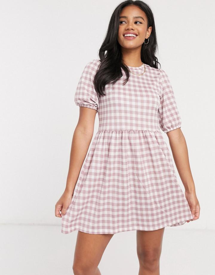 Stradivarius Mini Smock Dress In Pink Checkered