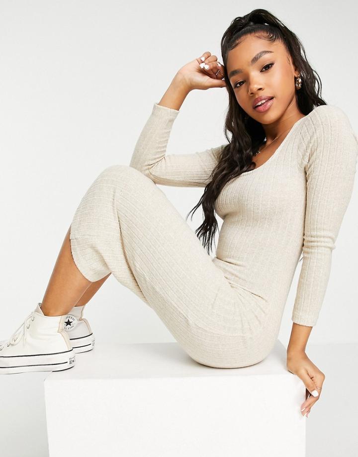 Miss Selfridge Long Sleeve Rib Midi Dress In Oatmeal-neutral