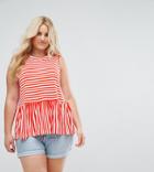 Asos Curve Sleevless Top With Ruffle Hem In Bright Stripe - Pink