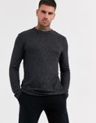 Asos Design Long Sleeve T-shirt In Dark Gray Interest Fabric-black